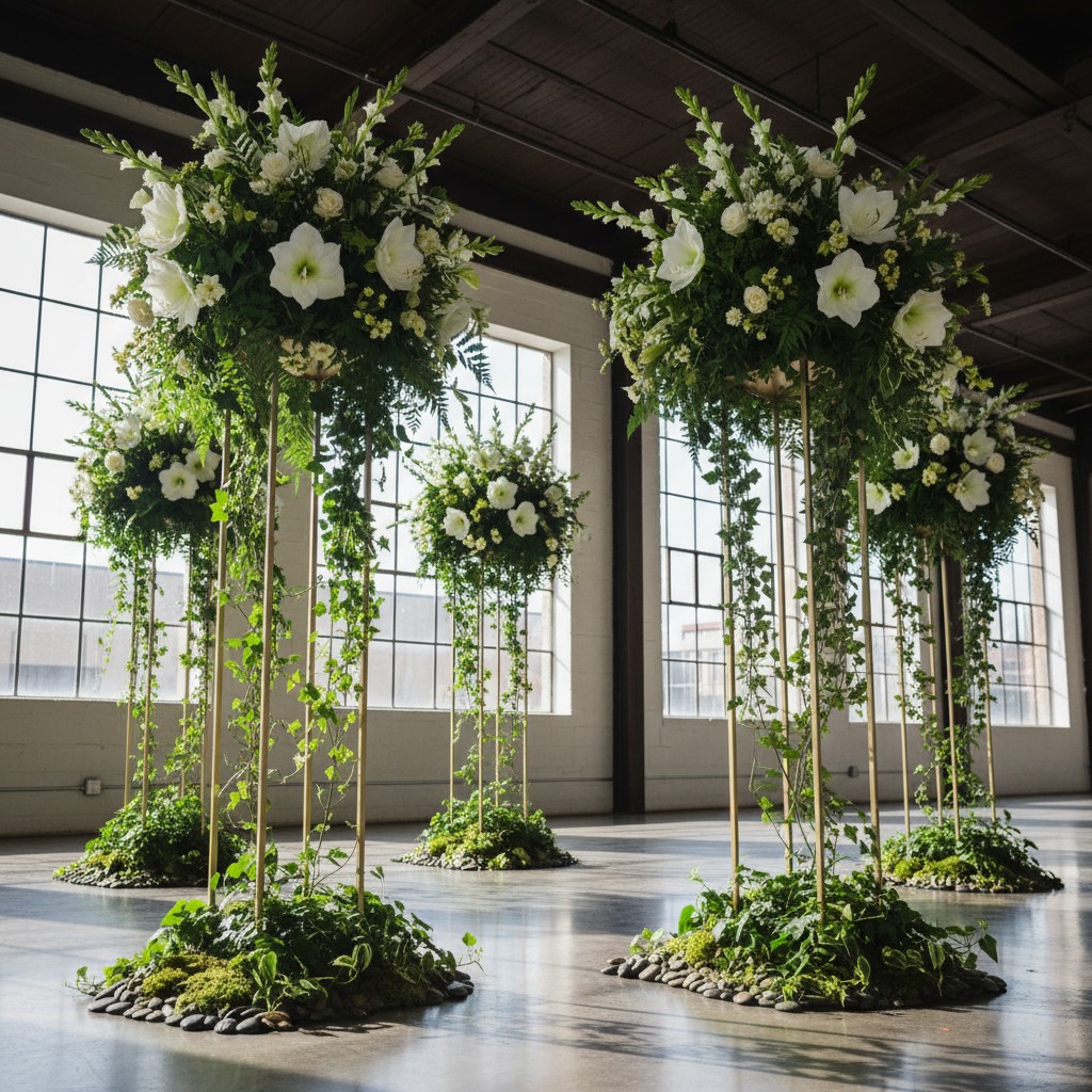 Alt text: An elegant arrangement of white flowers and lush greenery on a tall stand, nestled in a bed of stones.